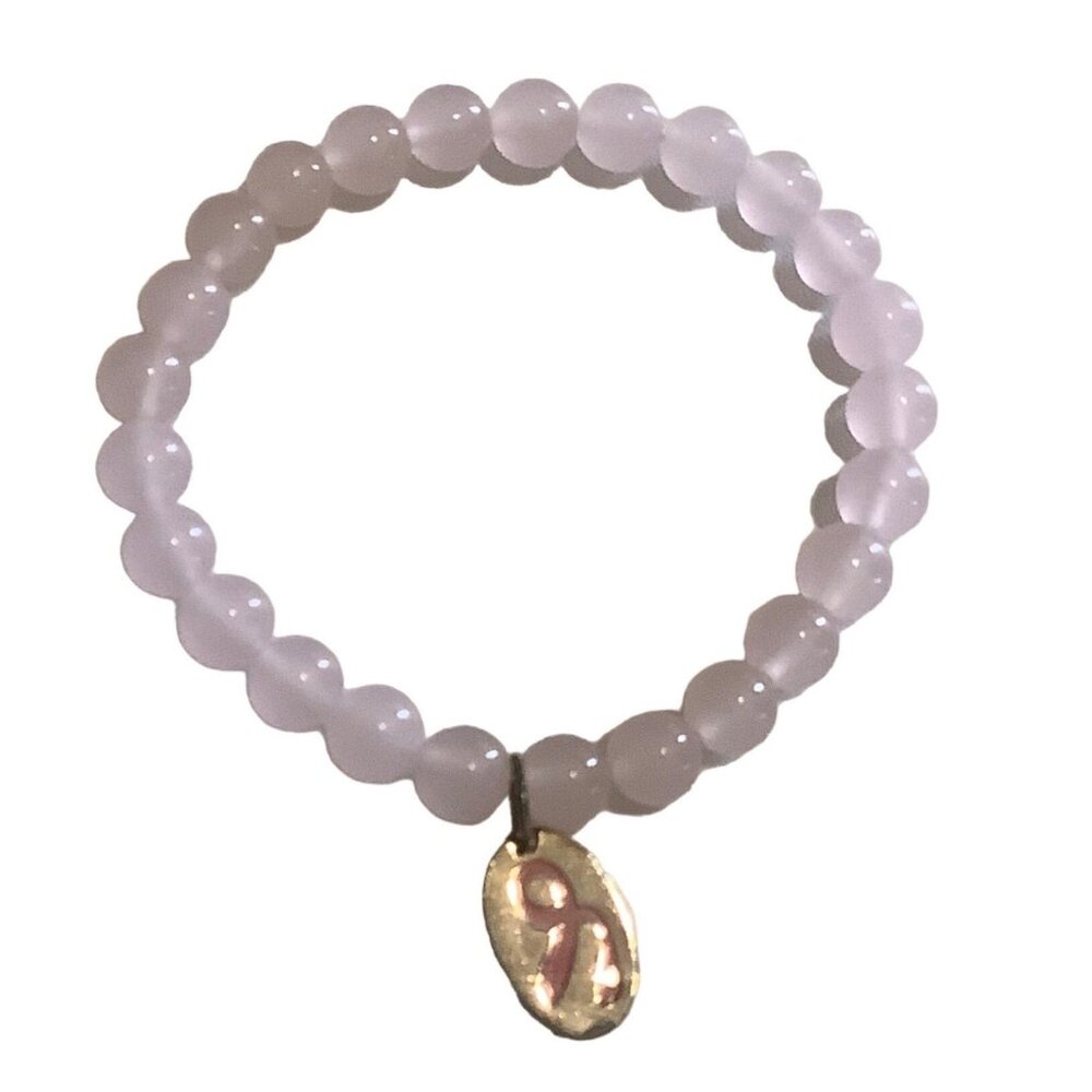 Breast Cancer Awareness Pink Rose Quartz Tone Beaded Charm‎ Bracelet